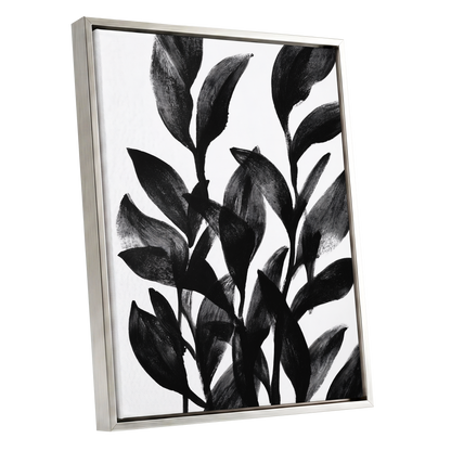 Botanical Rhythm, black, white, gray nature wall art shown as a silver framed canvas wall art
