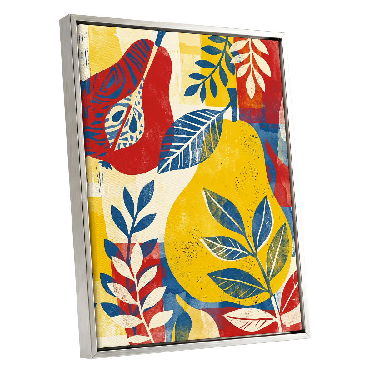 Botanical Rhythm, yellow, blue, red floral wall art shown as a silver framed canvas wall art