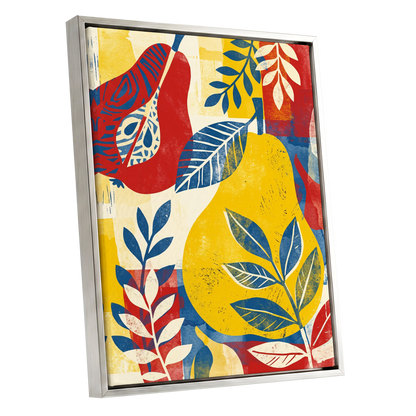 Botanical Rhythm, yellow, blue, red floral wall art shown as a silver framed canvas wall art