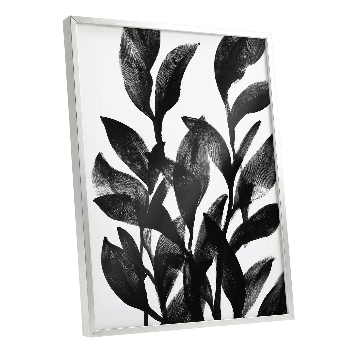 Botanical Rhythm, black, white, gray nature wall art shown as a silver framed poster wall art print
