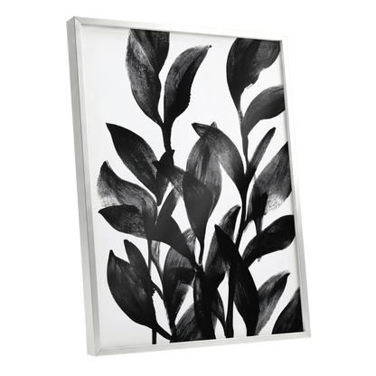 Botanical Rhythm, black, white, gray nature wall art shown as a silver framed poster wall art print