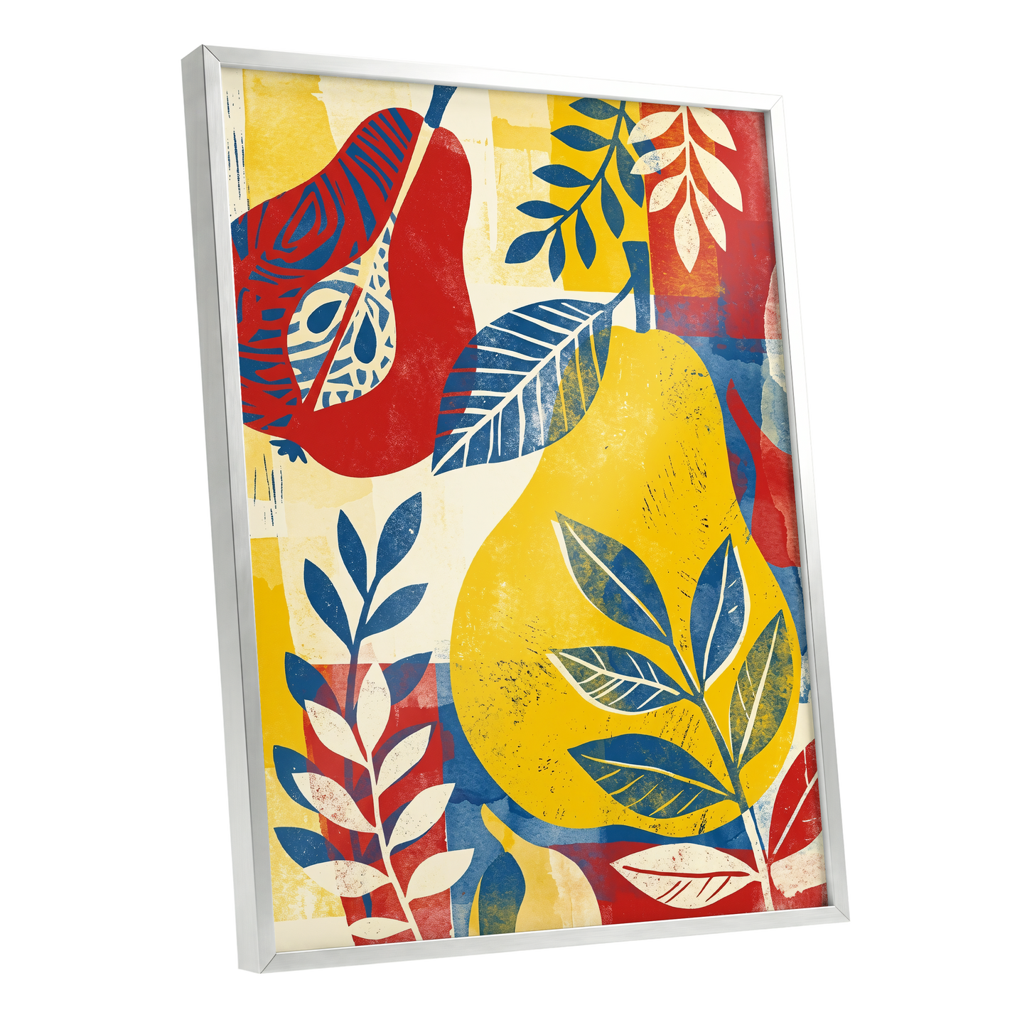 Botanical Rhythm, yellow, blue, red floral wall art shown as a silver framed poster wall art print