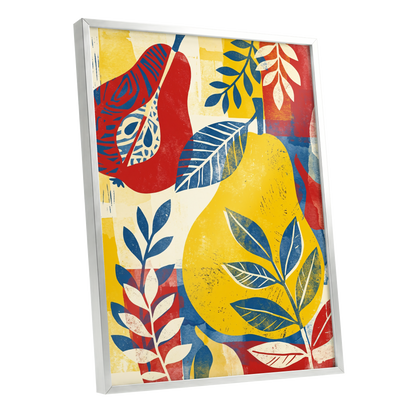 Botanical Rhythm, yellow, blue, red floral wall art shown as a silver framed poster wall art print