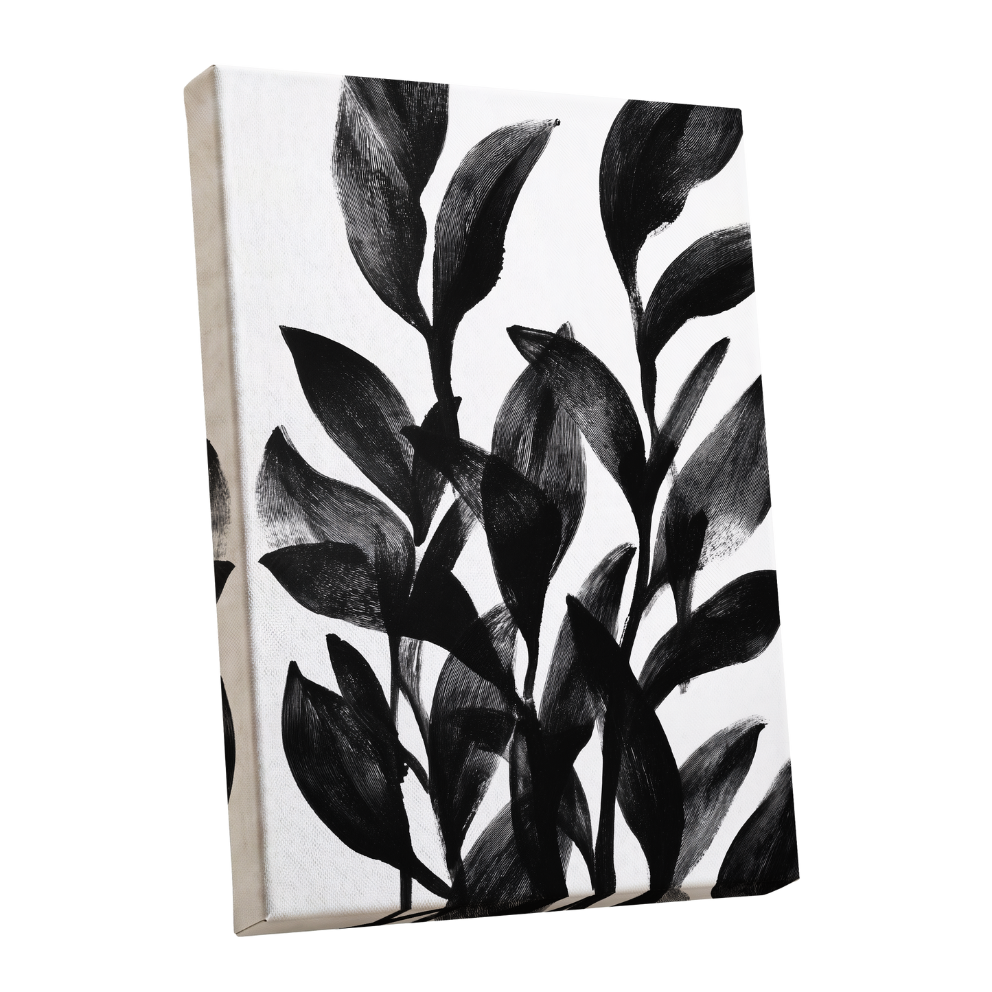 Botanical Rhythm, black, white, gray nature wall art shown as a stretched canvas wall art