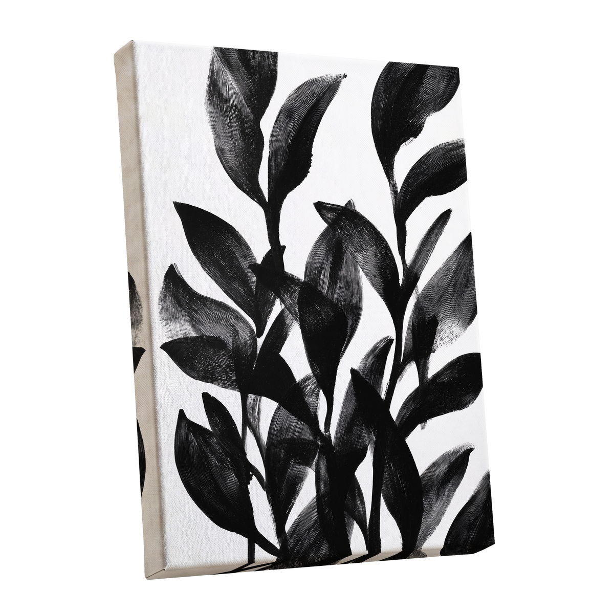 Botanical Rhythm, black, white, gray nature wall art shown as a stretched canvas wall art