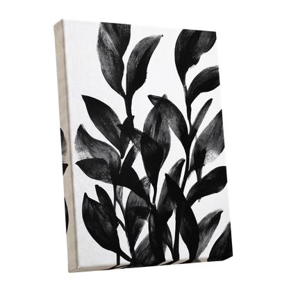 Botanical Rhythm, black, white, gray nature wall art shown as a stretched canvas wall art