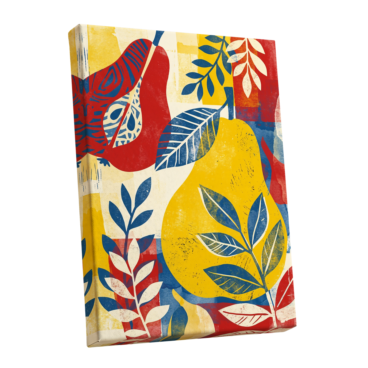 Botanical Rhythm, yellow, blue, red floral wall art shown as a stretched canvas wall art