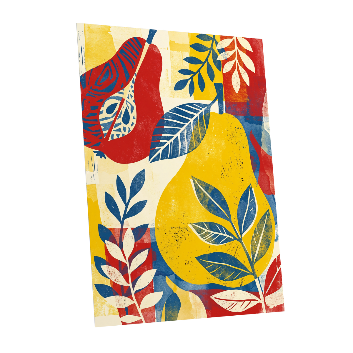Botanical Rhythm, yellow, blue, red floral wall art shown as a unframed poster wall art print