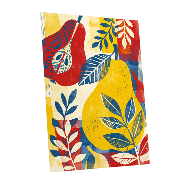 Botanical Rhythm, yellow, blue, red floral wall art shown as a unframed poster wall art print