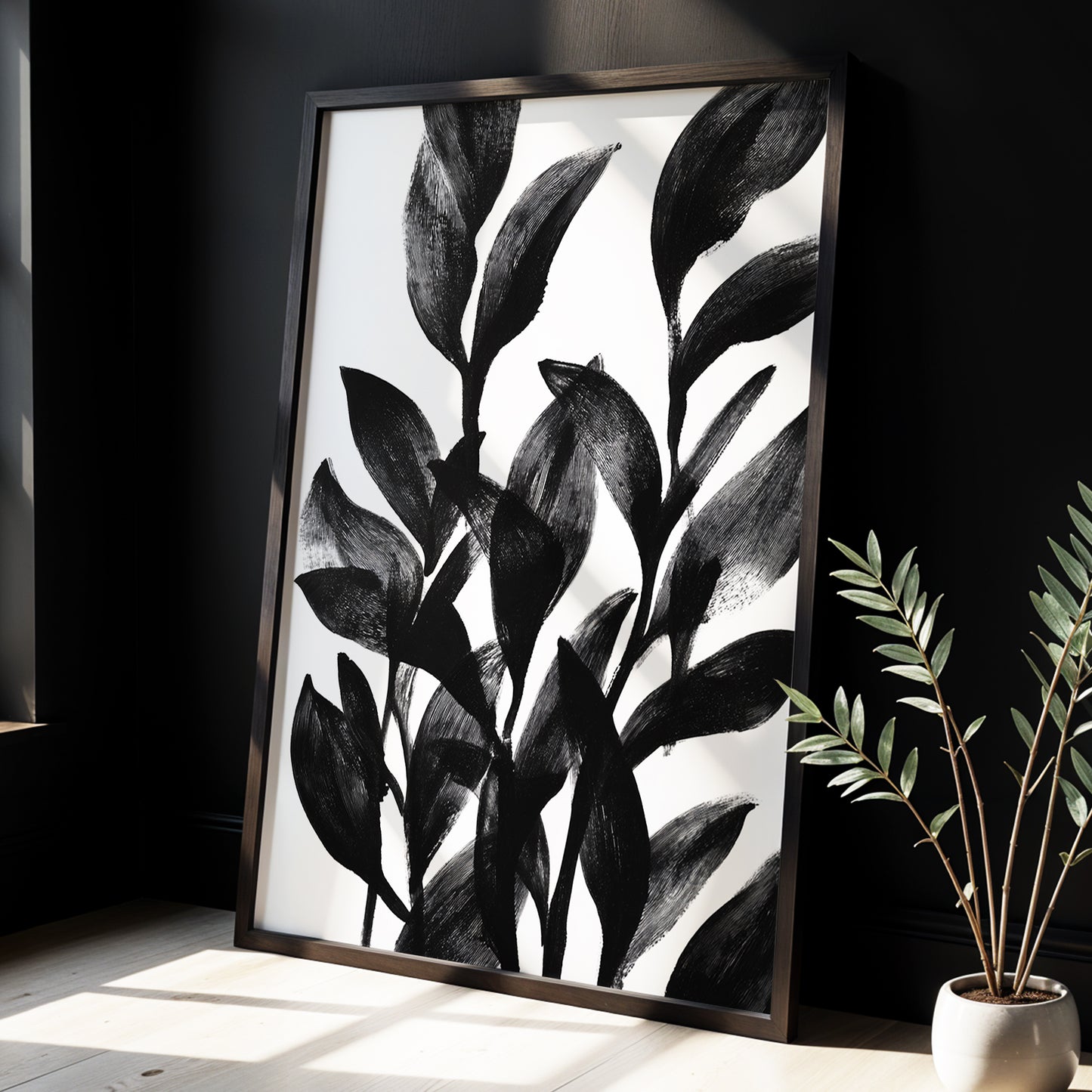 Botanical Rhythm, black, white, gray nature wall art displayed in a styled interior, gallery view 2