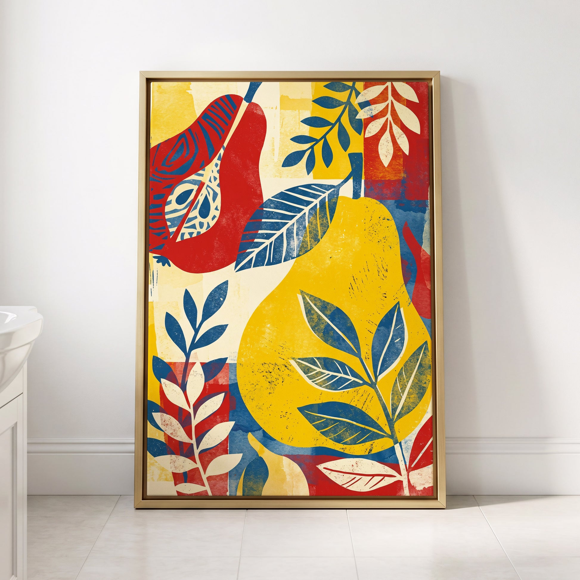 Botanical Rhythm, yellow, blue, red floral wall art displayed in a styled interior, gallery view 2