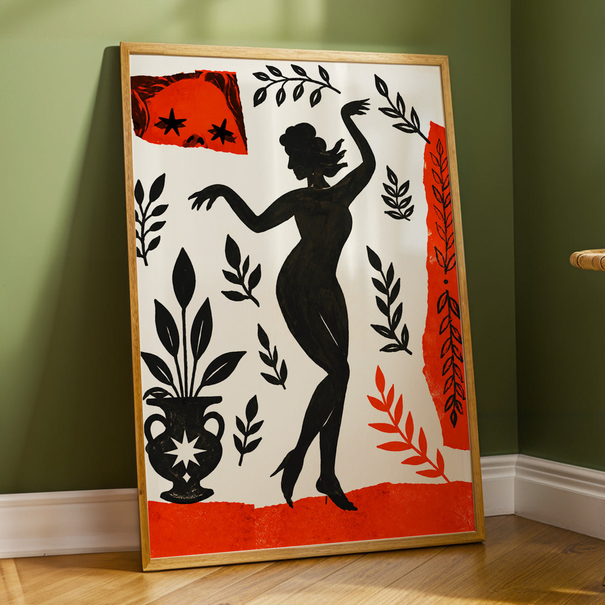Botanical Rhythm, black, beige, orange abstract wall art displayed in a styled interior, gallery view 2