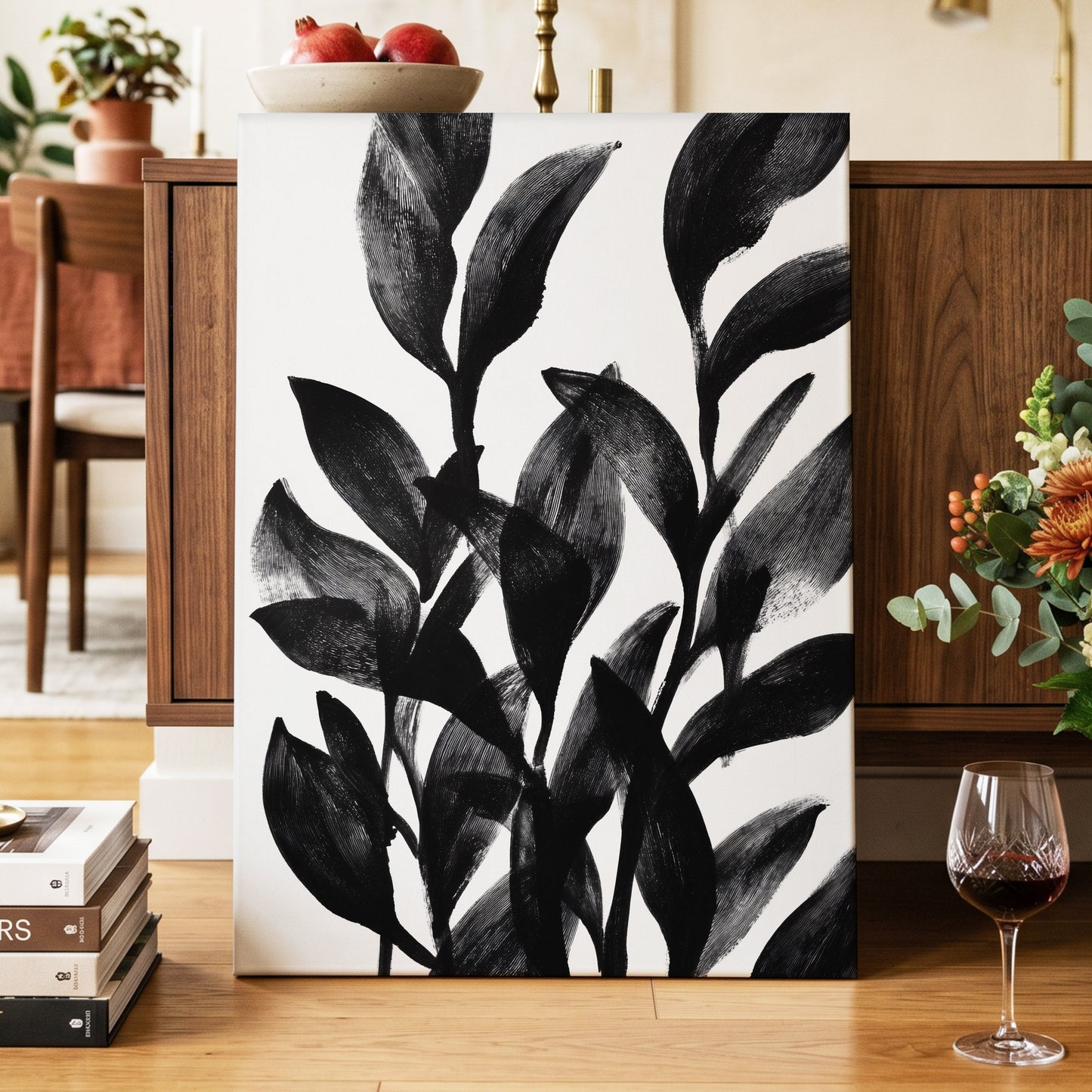 Botanical Rhythm, black, white, gray nature wall art displayed in a styled interior, gallery view 3