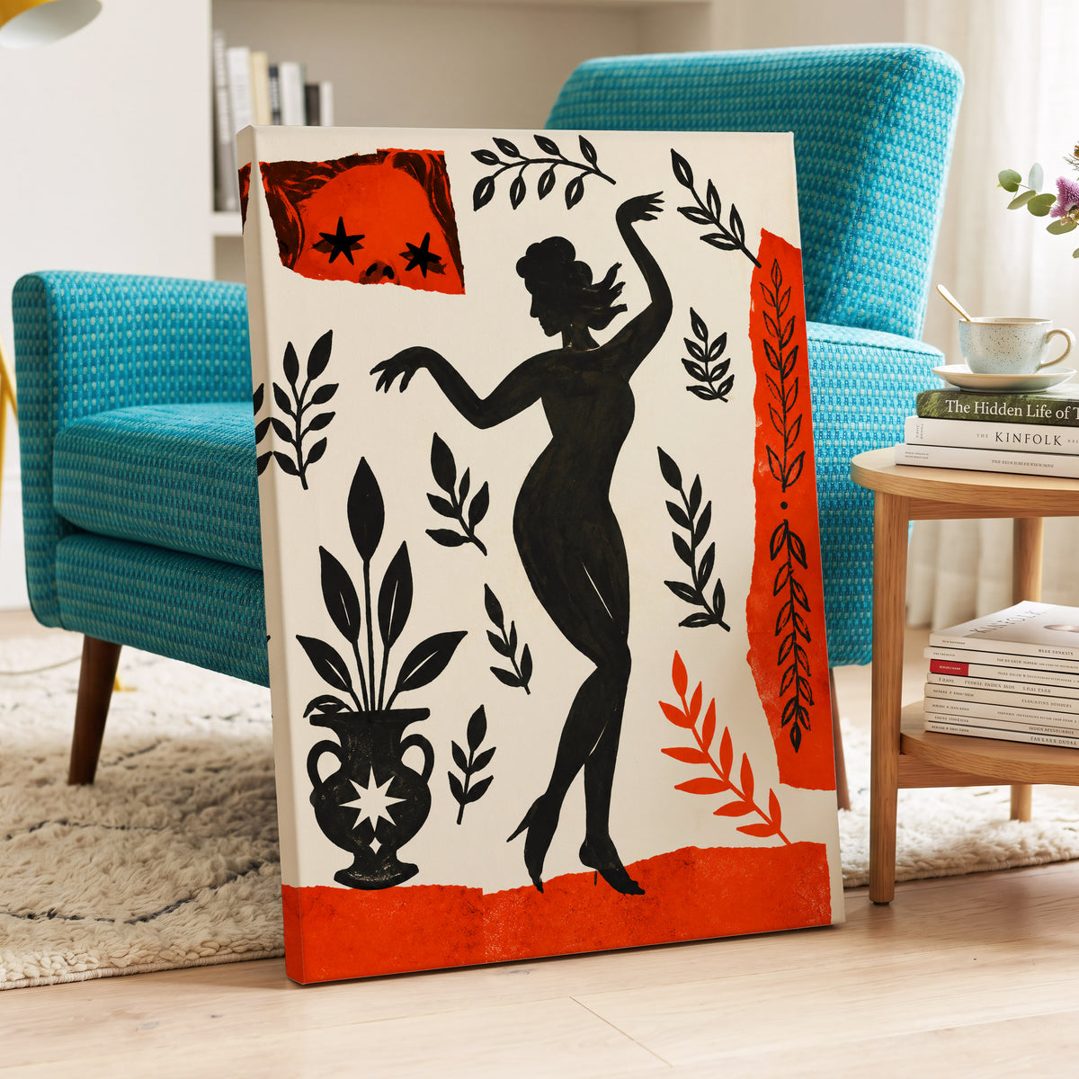 Botanical Rhythm, black, beige, orange abstract wall art displayed in a styled interior, gallery view 3