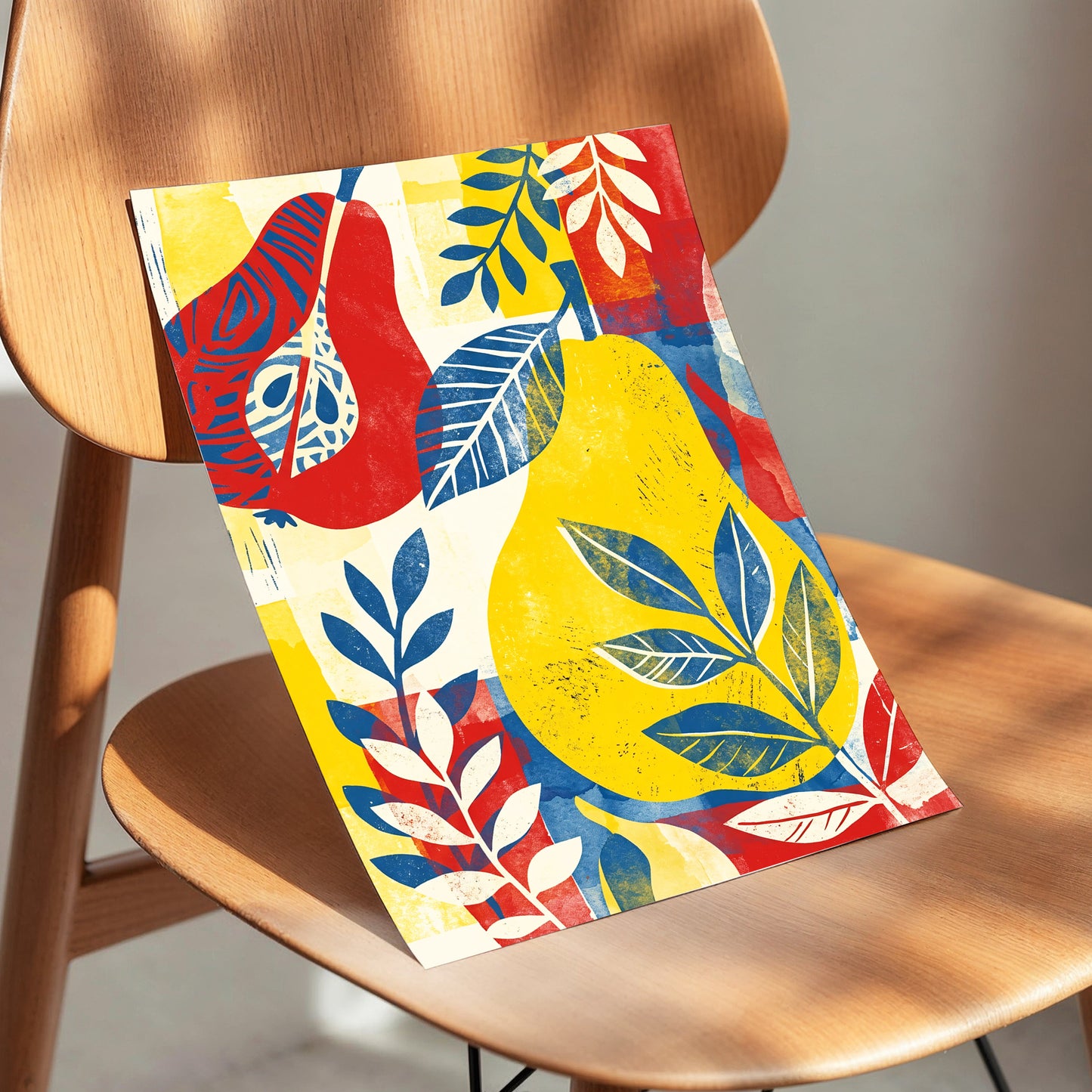 Botanical Rhythm, yellow, blue, red floral wall art displayed in a styled interior, gallery view 3