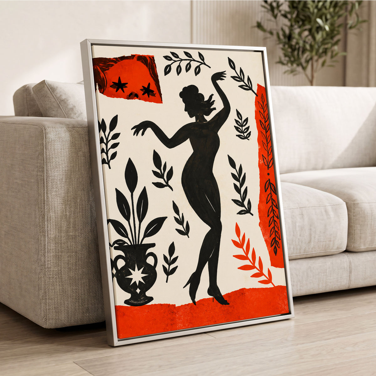 Botanical Rhythm, black, beige, orange abstract wall art displayed in a styled interior, gallery view 4