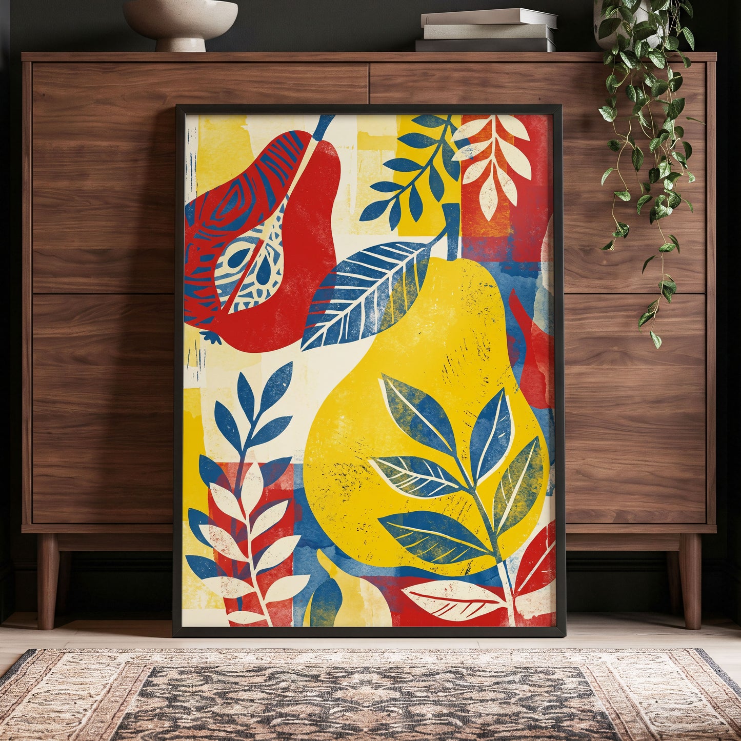 Botanical Rhythm, yellow, blue, red floral wall art displayed in a styled interior, gallery view 4