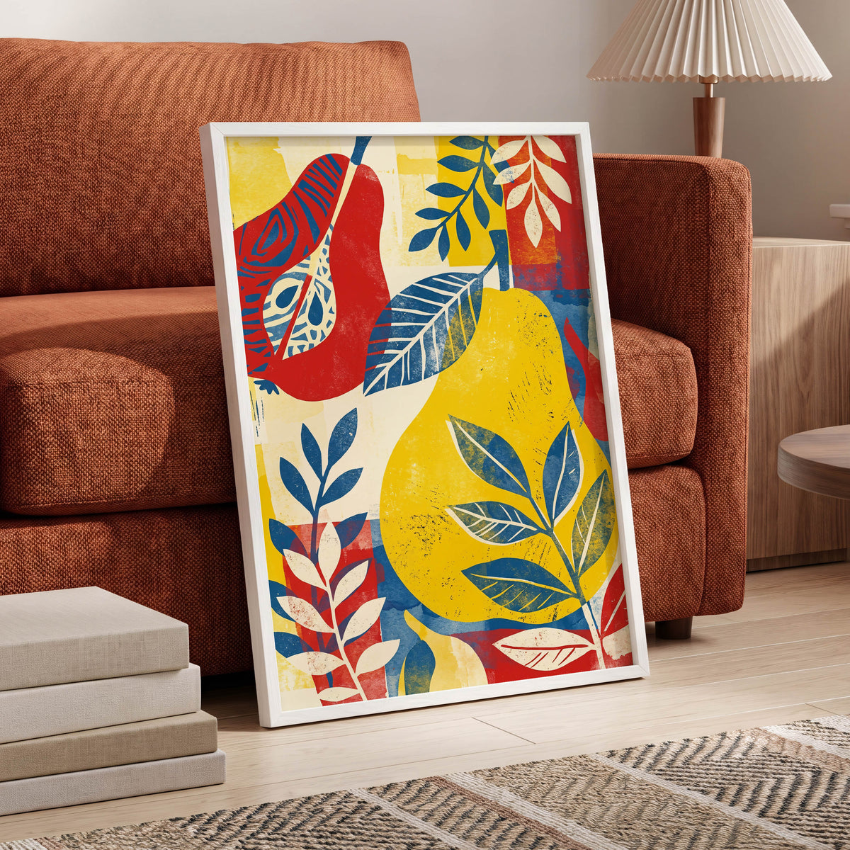 Botanical Rhythm, yellow, blue, red floral wall art displayed in a styled interior, gallery view 5