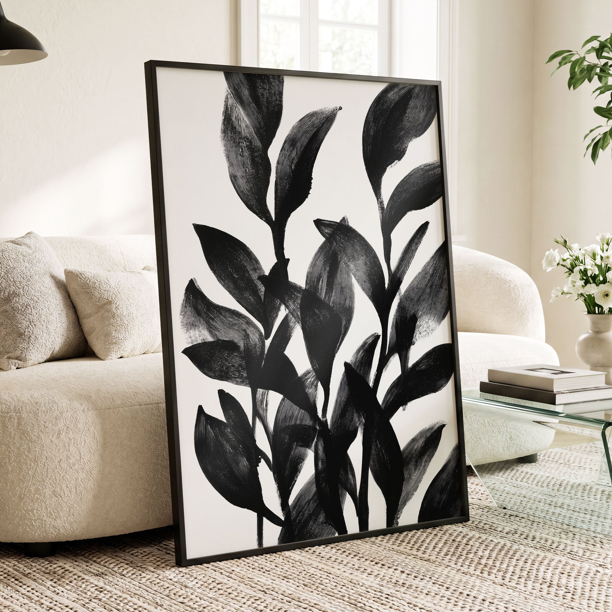 Botanical Rhythm, black, white, gray nature wall art displayed in a styled interior, gallery view 6