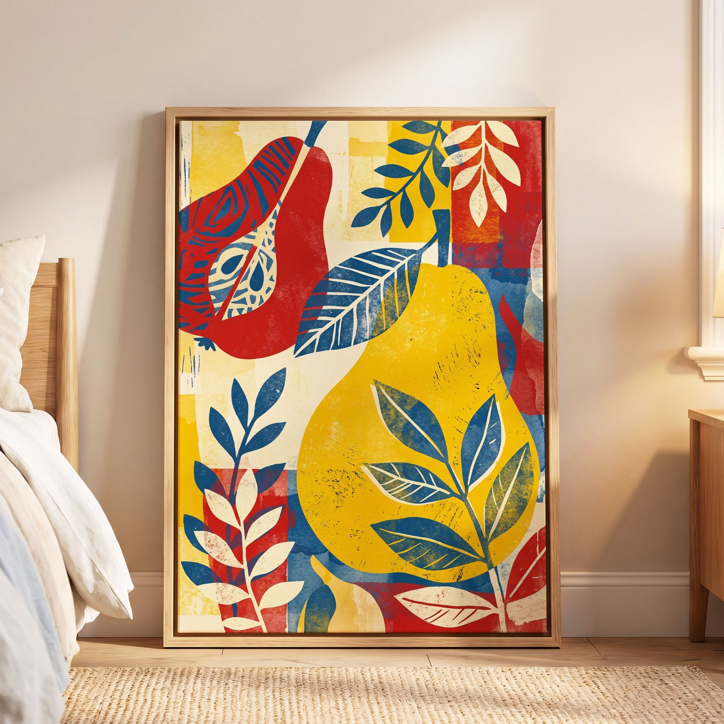 Botanical Rhythm, yellow, blue, red floral wall art displayed in a styled interior, gallery view 6