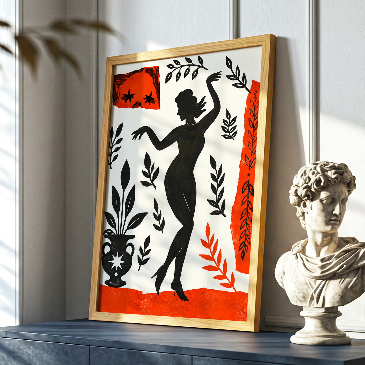 Botanical Rhythm, black, beige, orange abstract wall art displayed in a styled interior, gallery view 6
