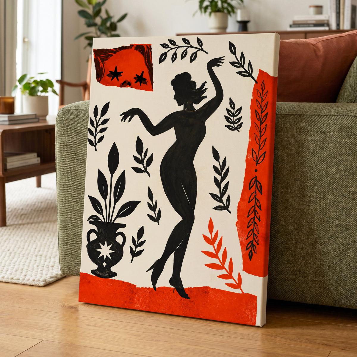 Botanical Rhythm, black, beige, orange abstract wall art displayed in a styled interior, gallery view 7