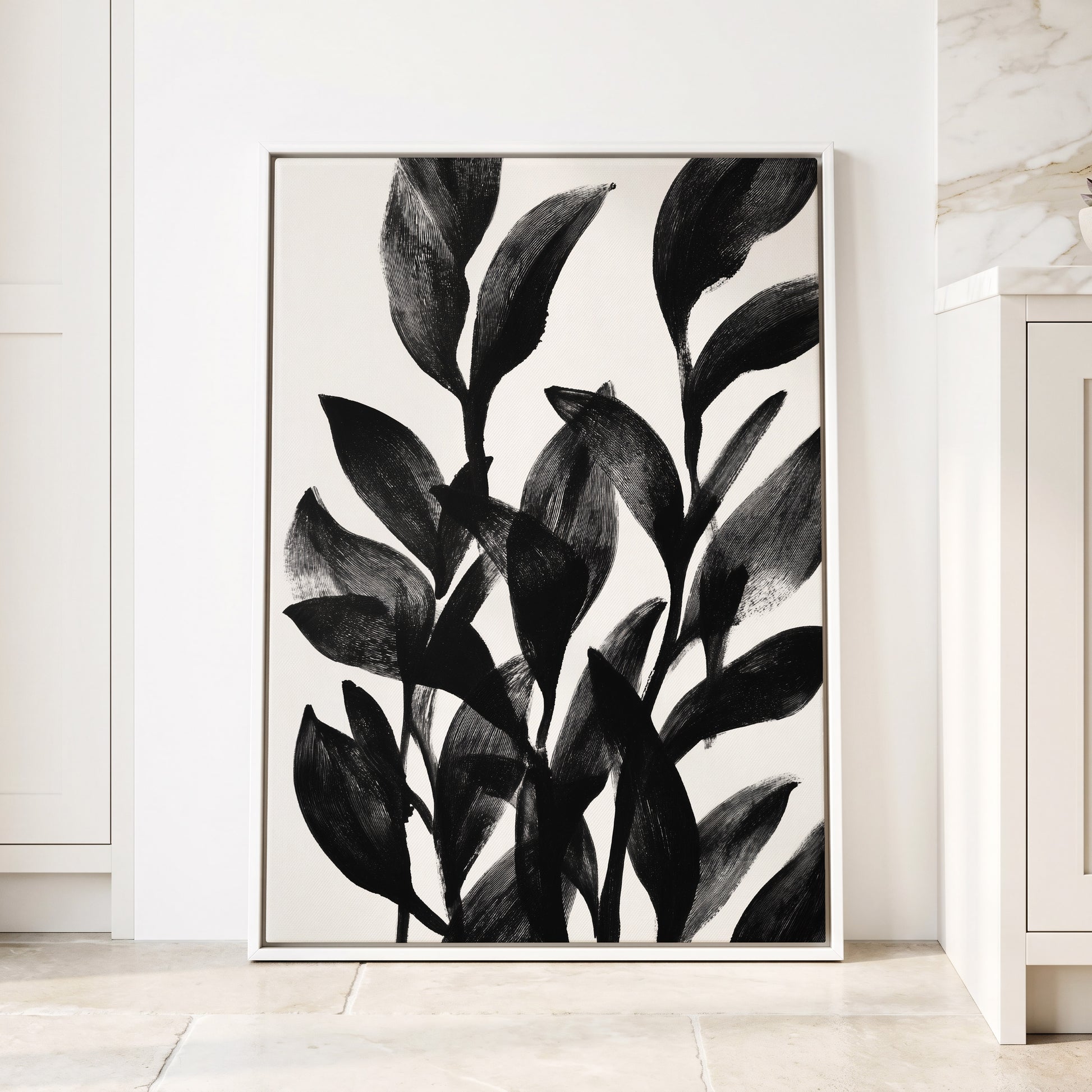 Botanical Rhythm, black, white, gray nature wall art displayed in a styled interior, gallery view 8