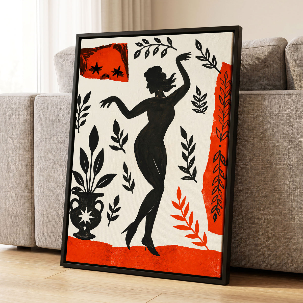 Botanical Rhythm, black, beige, orange abstract wall art displayed in a styled interior, gallery view 8