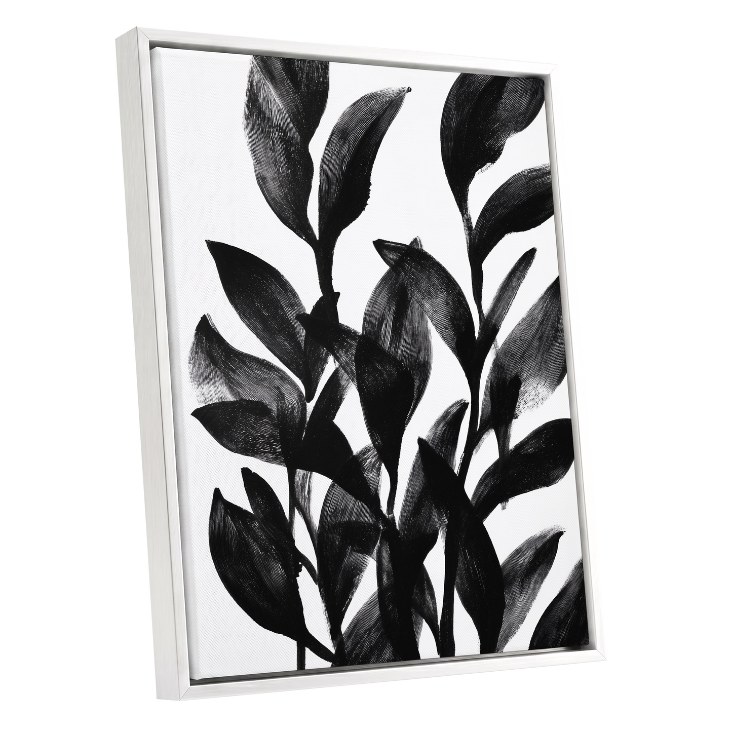 Botanical Rhythm, black, white, gray nature wall art shown as a white framed canvas wall art