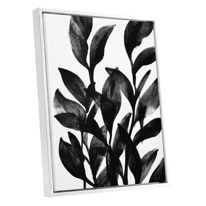 Botanical Rhythm, black, white, gray nature wall art shown as a white framed canvas wall art