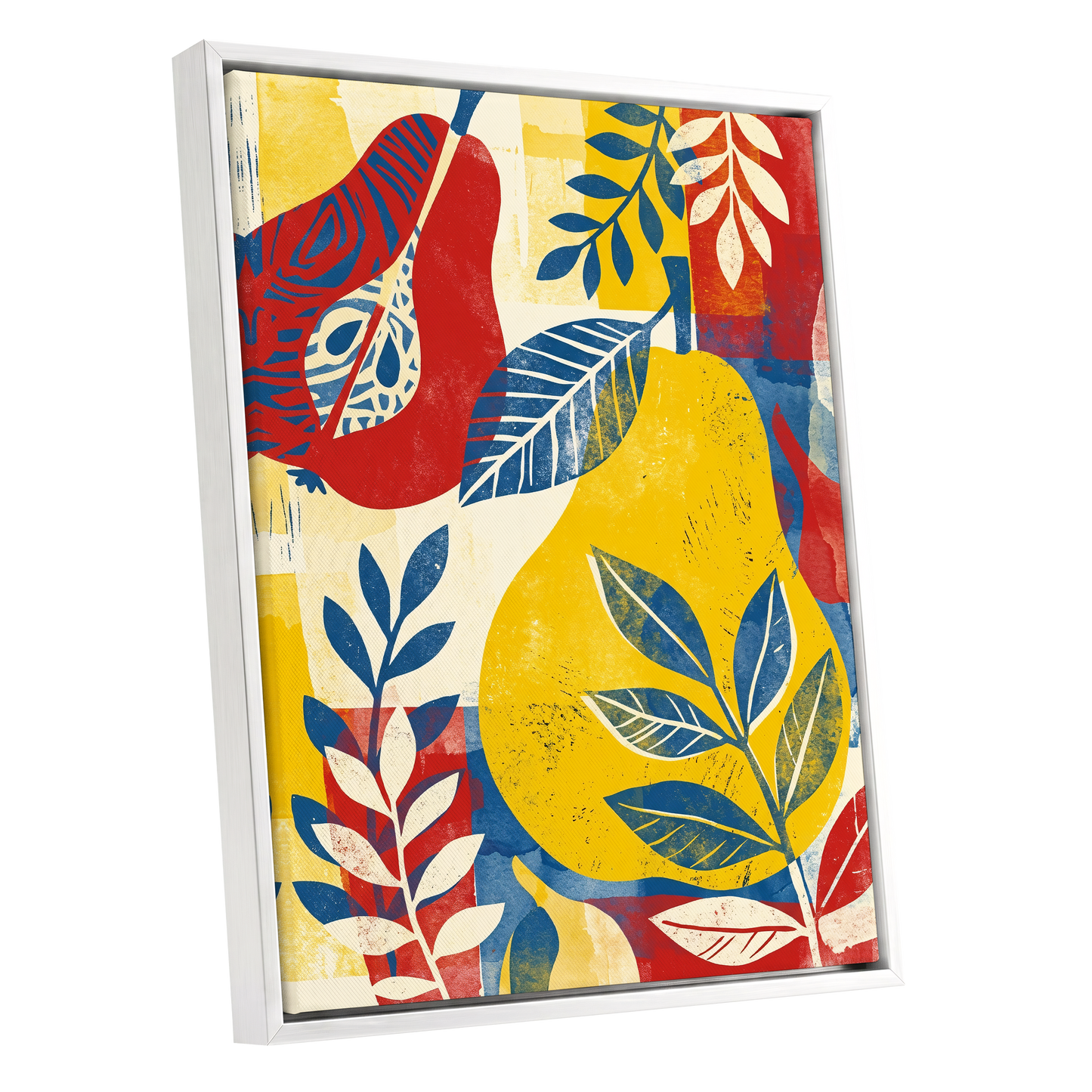 Botanical Rhythm, yellow, blue, red floral wall art shown as a white framed canvas wall art