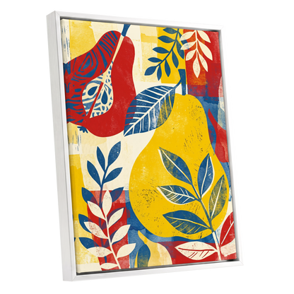 Botanical Rhythm, yellow, blue, red floral wall art shown as a white framed canvas wall art