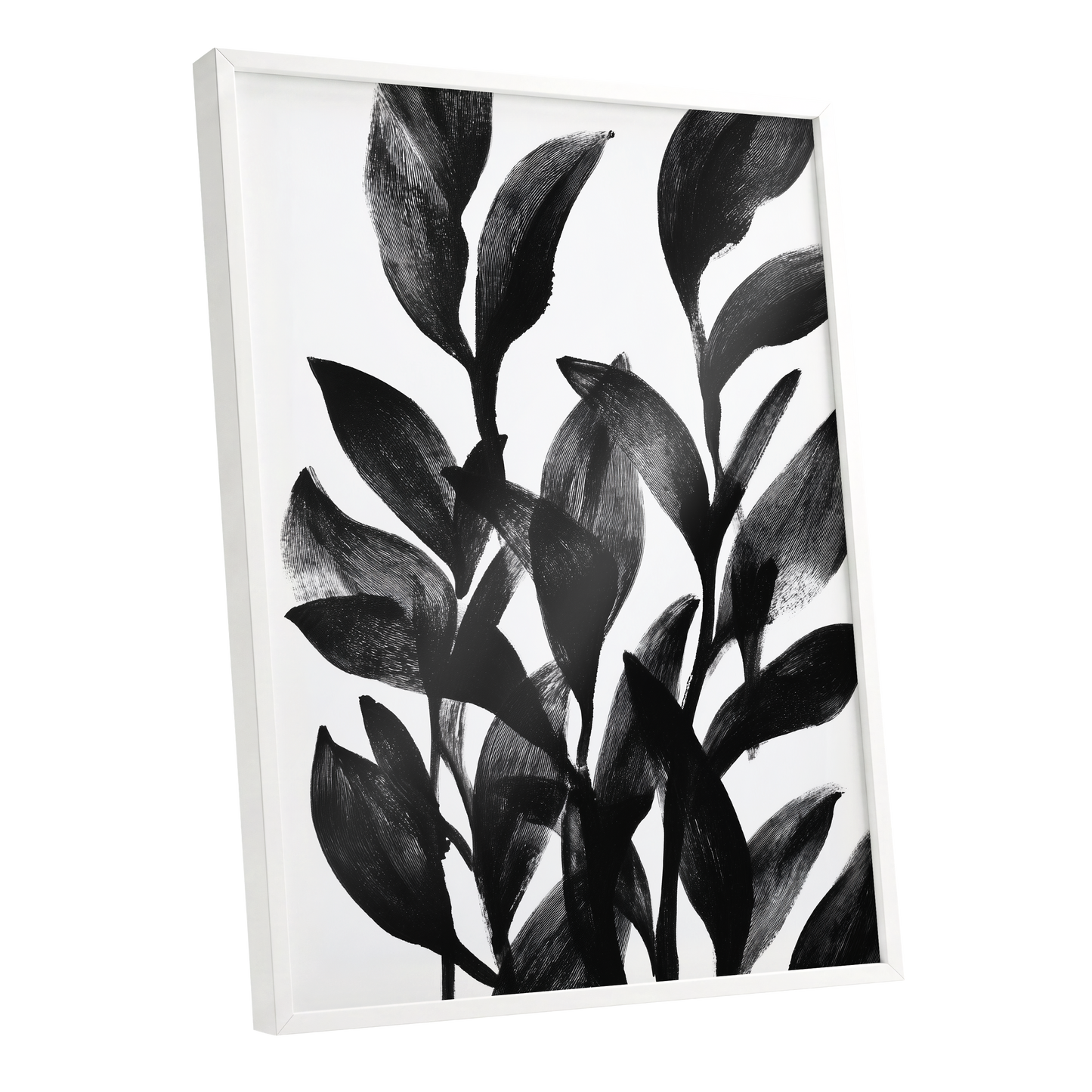 Botanical Rhythm, black, white, gray nature wall art shown as a white framed poster wall art print