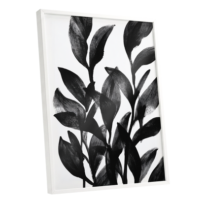 Botanical Rhythm, black, white, gray nature wall art shown as a white framed poster wall art print