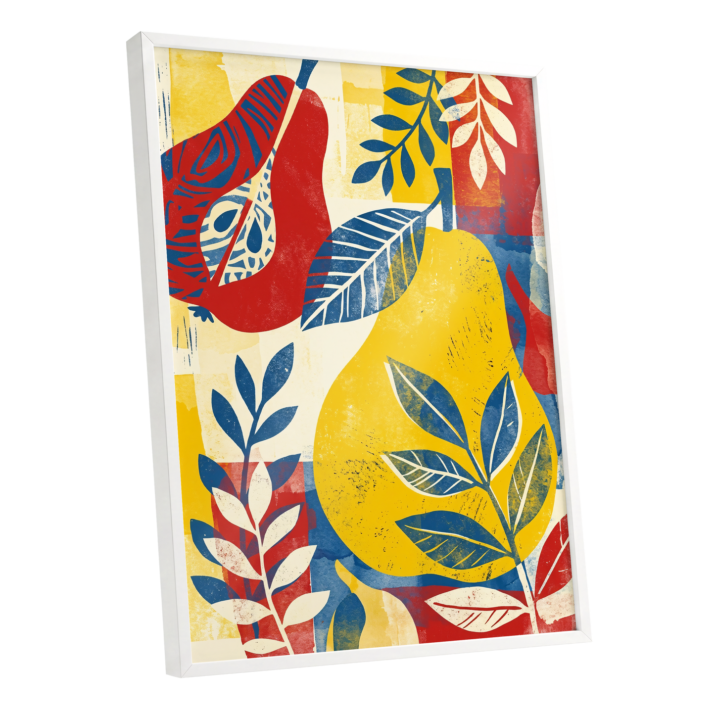 Botanical Rhythm, yellow, blue, red floral wall art shown as a white framed poster wall art print