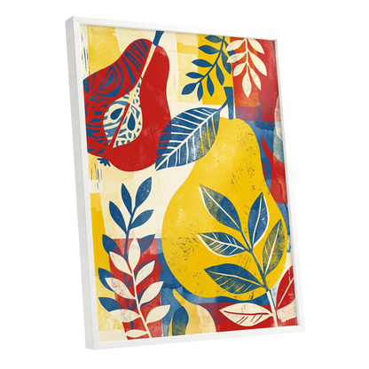 Botanical Rhythm, yellow, blue, red floral wall art shown as a white framed poster wall art print