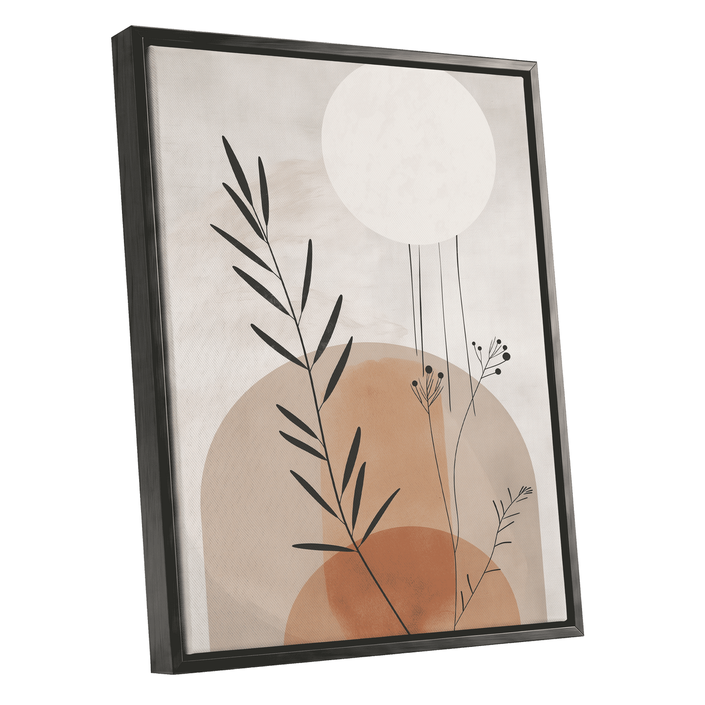 Botanical Stillness, beige, brown, green nature wall art shown as a black framed canvas wall art