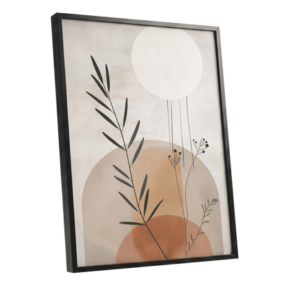 Botanical Stillness, beige, brown, green nature wall art shown as a black framed poster wall art print