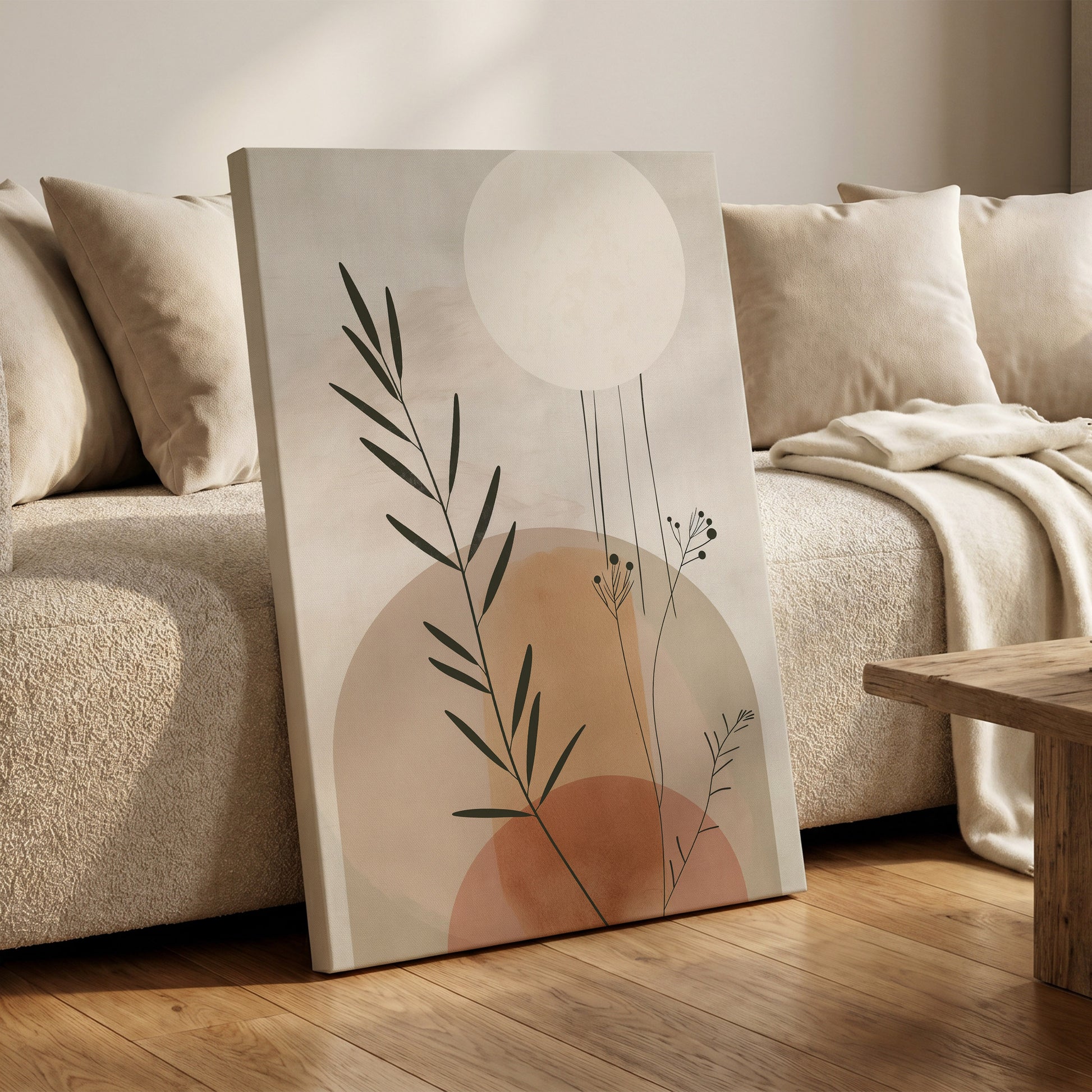 Botanical Stillness, beige, brown, green nature wall art on canvas displayed in a styled interior, gallery view 1
