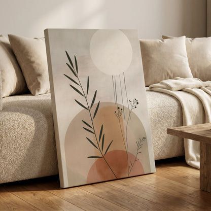 Botanical Stillness, beige, brown, green nature wall art on canvas displayed in a styled interior, gallery view 1