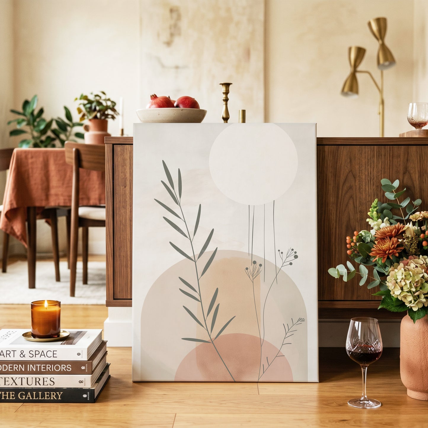 Botanical Stillness, beige, brown, green nature wall art on canvas displayed in a styled interior, gallery view 2