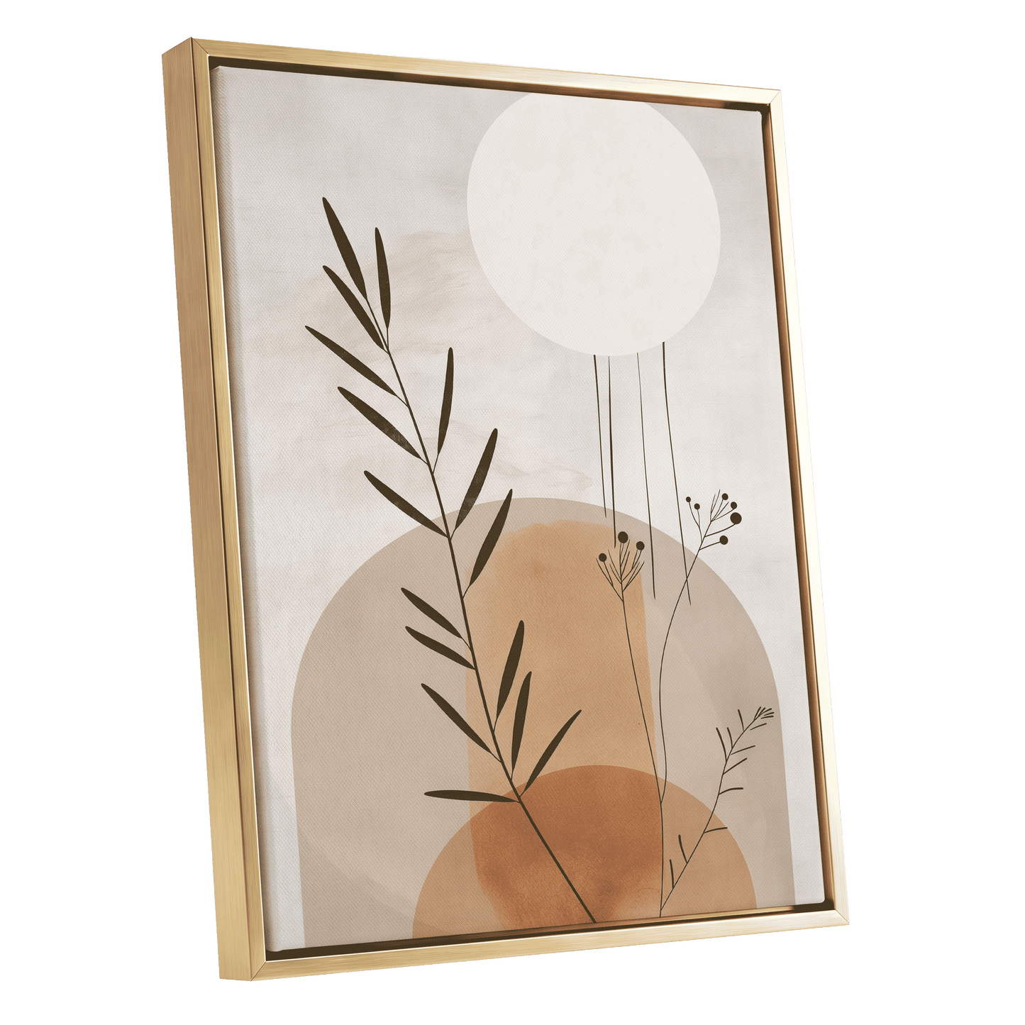Botanical Stillness, beige, brown, green nature wall art shown as a gold framed canvas wall art