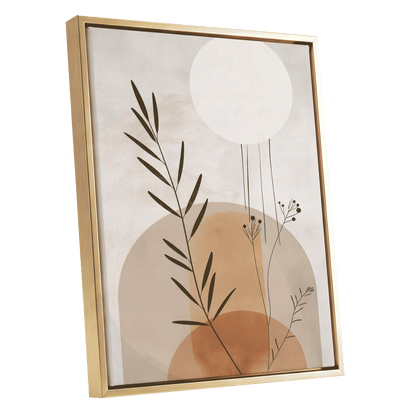 Botanical Stillness, beige, brown, green nature wall art shown as a gold framed canvas wall art