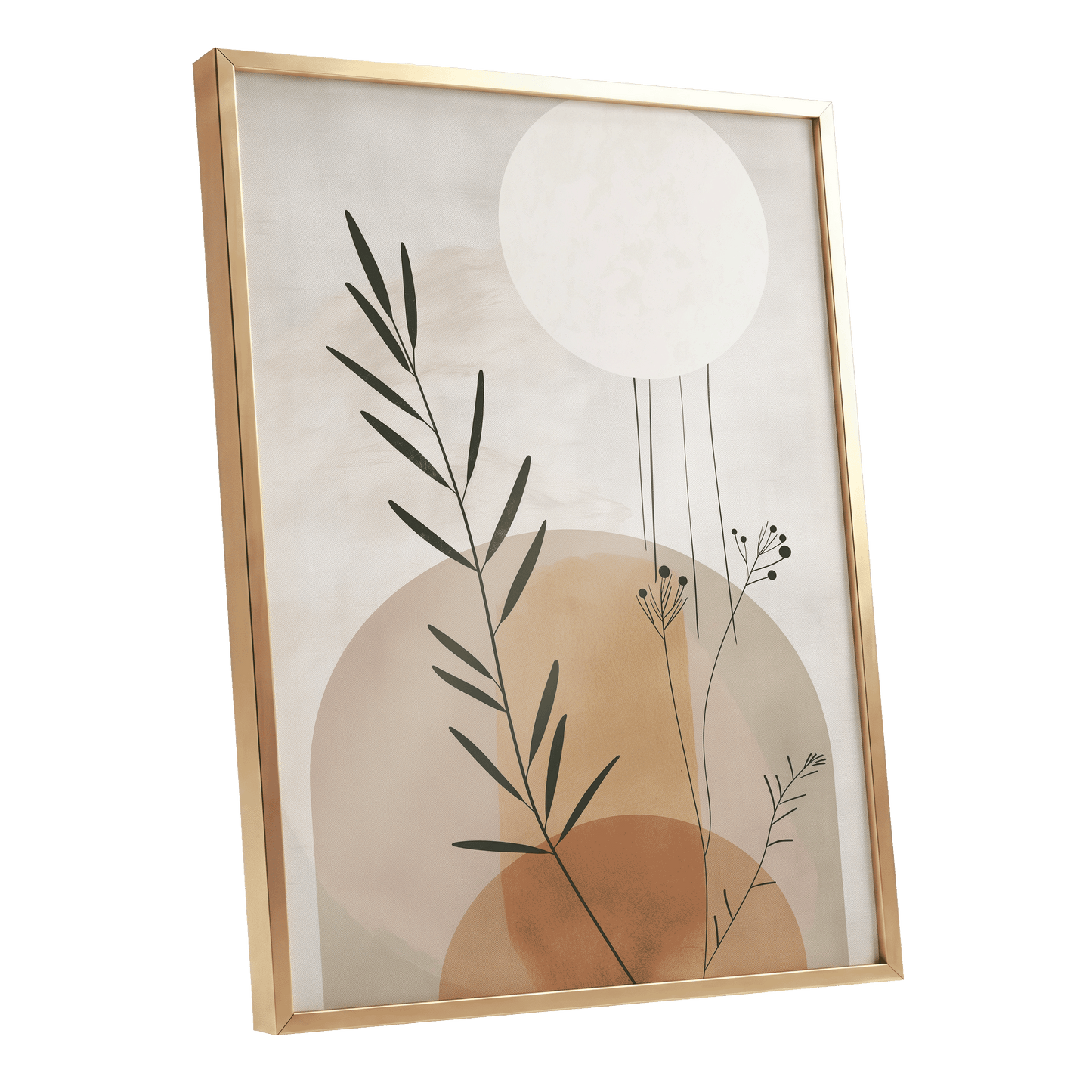 Botanical Stillness, beige, brown, green nature wall art shown as a gold framed poster wall art print
