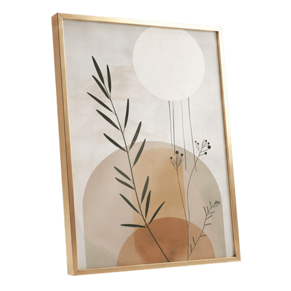 Botanical Stillness, beige, brown, green nature wall art shown as a gold framed poster wall art print