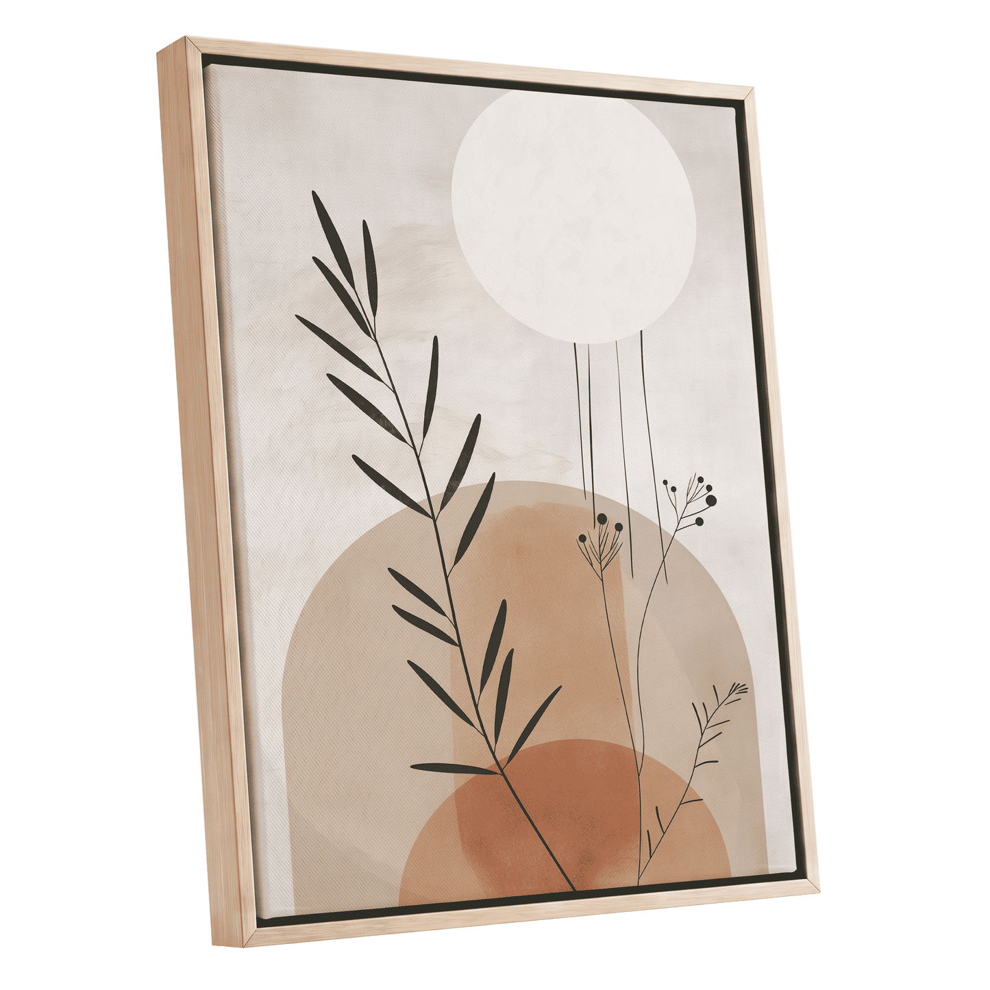 Botanical Stillness, beige, brown, green nature wall art shown as a oak framed canvas wall art