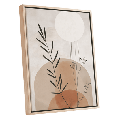 Botanical Stillness, beige, brown, green nature wall art shown as a oak framed canvas wall art