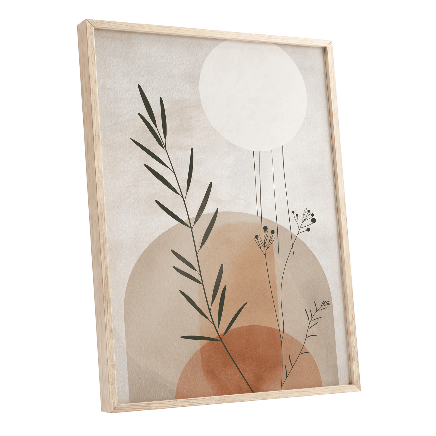 Botanical Stillness, beige, brown, green nature wall art shown as a oak framed poster wall art print