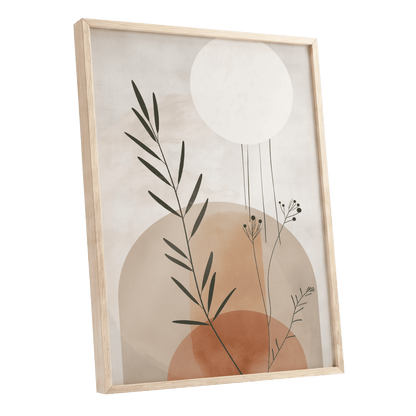 Botanical Stillness, beige, brown, green nature wall art shown as a oak framed poster wall art print