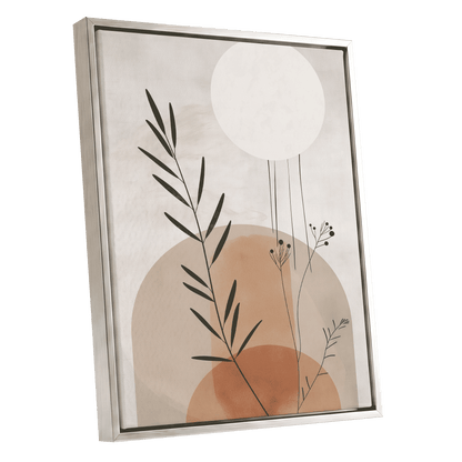 Botanical Stillness, beige, brown, green nature wall art shown as a silver framed canvas wall art